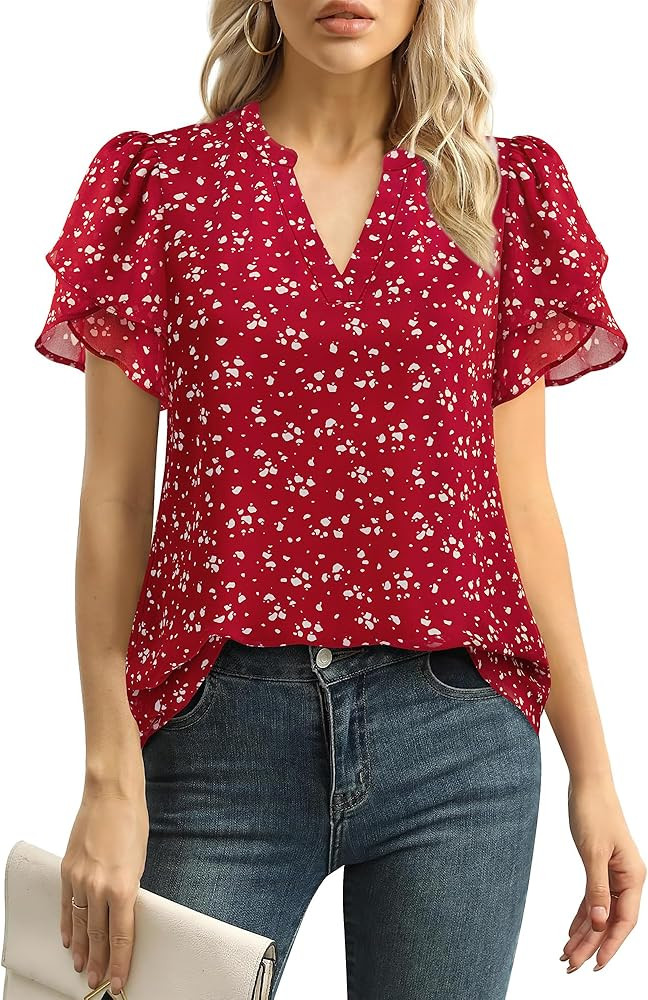 Lotusmile Womens Dressy Chiffon Blouses Summer Puff Petal Short Sleeve Shirts V Neck Casual Work ... | Amazon (US)