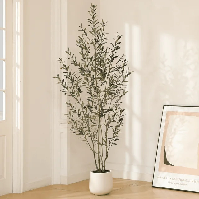 7ft Fake Plastic Olive Tree with Oval White Planter, Pre Potted Faux Greenry Plant for Home Decor... | Walmart (US)