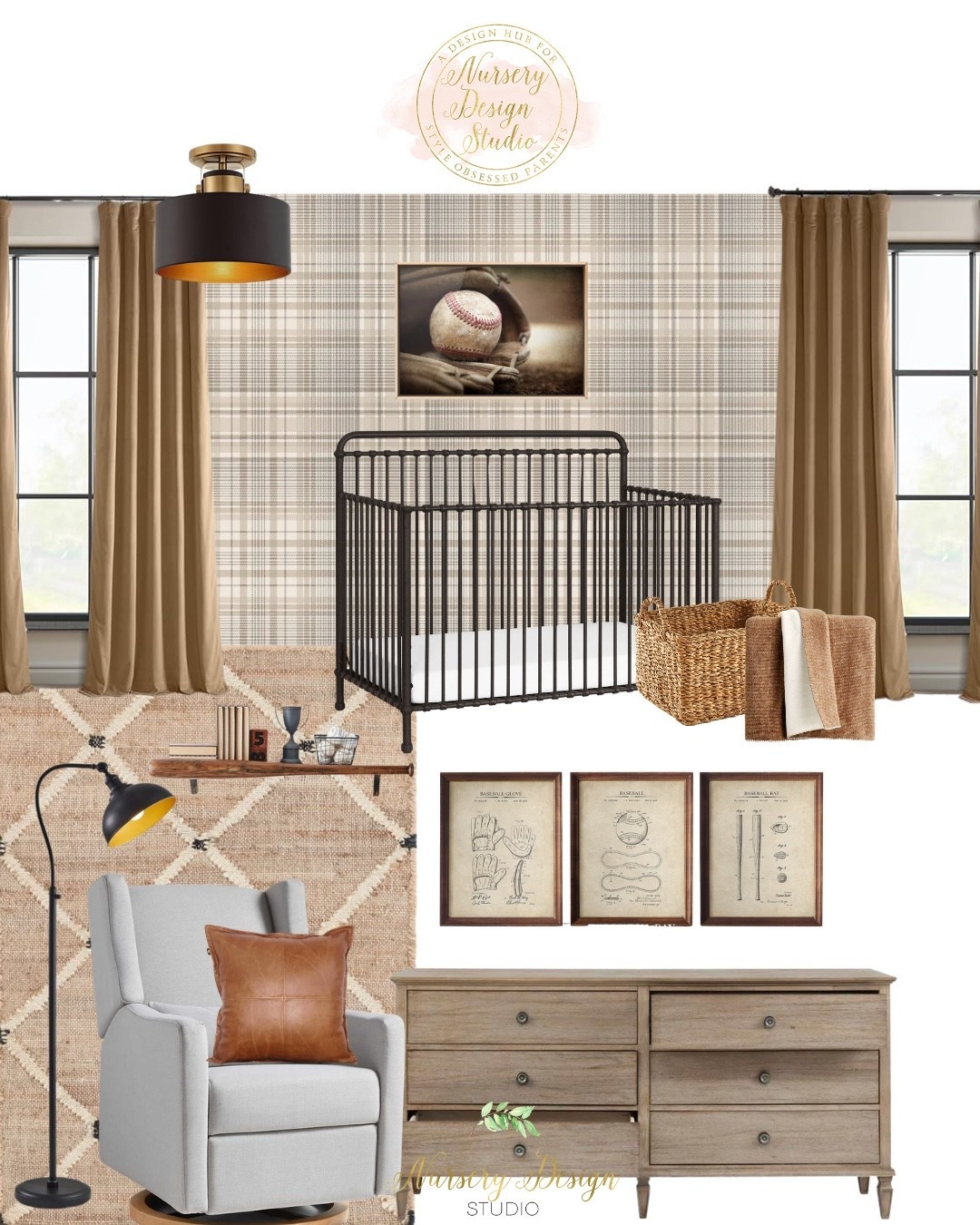 Plaid wallpaper, a black metal crib, warm wood dresser, leather accents, and vintage-inspired baseball decor give this baby boy nursery its classic Americana feel—shop all the pieces that bring Damian’s room together.⚾️

#LTKHome #LTKBaby #LTKKids