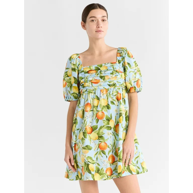 Free Assembly Women's Shirred Cotton Mini Dress with Puff Sleeves, Sizes XS-XXXL | Walmart (US)