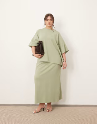 ARRANGE Curve premium heavy weight textured jersey column maxi skirt co-ord in pistachio | ASOS (Global)