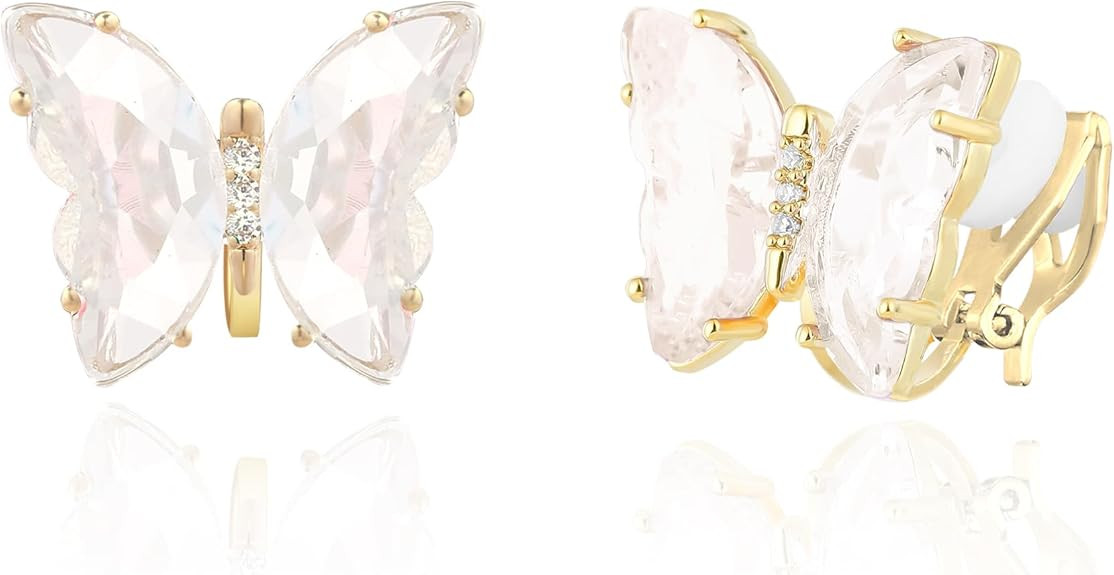 YOQUCOL Butterfly Shape Crystal Clip On Earrings Gold Non Pierced Golden Stud for Women | Amazon (US)
