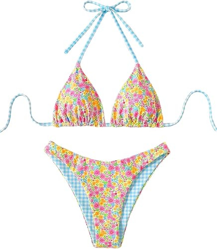 WDIRARA Women's 2 Piece Floral Striped Bikini Set Halter String Thong Swimsuit High Cut Bathing S... | Amazon (US)