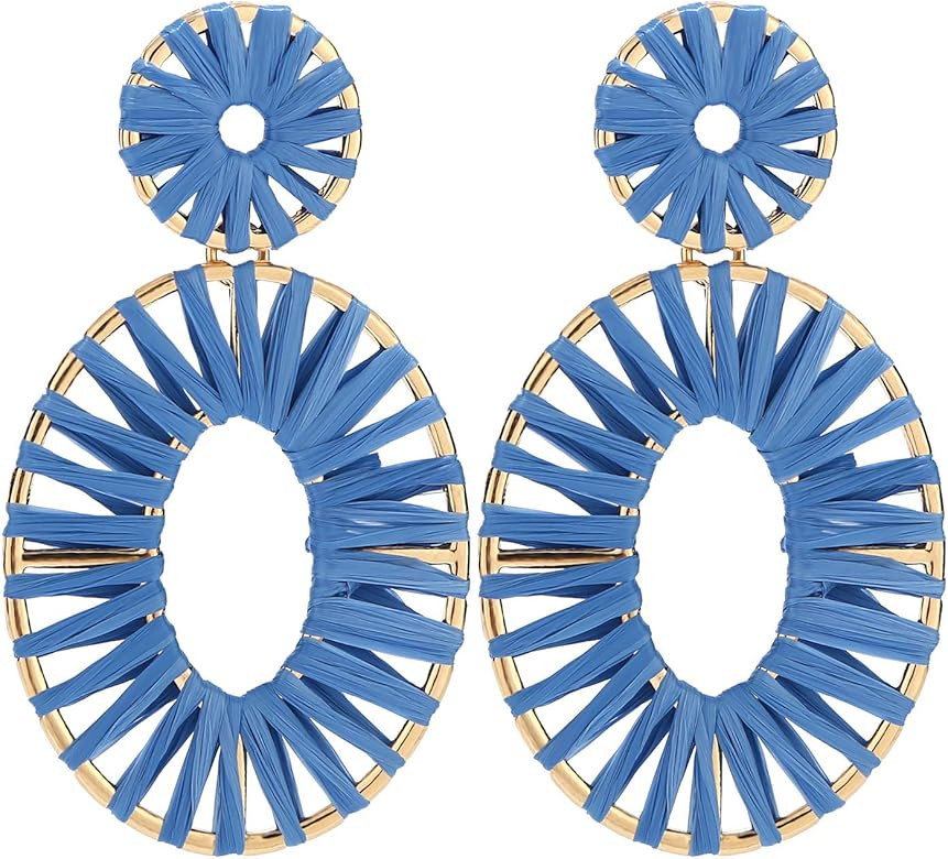 BaubleStar Raffia Tassel Hoop Drop Earrings Handmade Fashion Statement Jewelry for Women Girls | Amazon (US)