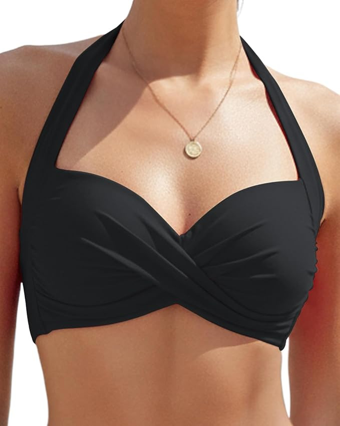 Women's Halter Bikini Top Twist Front Knot Push Up Padded Swim Tops Only Bathing Suit for Women | Amazon (US)