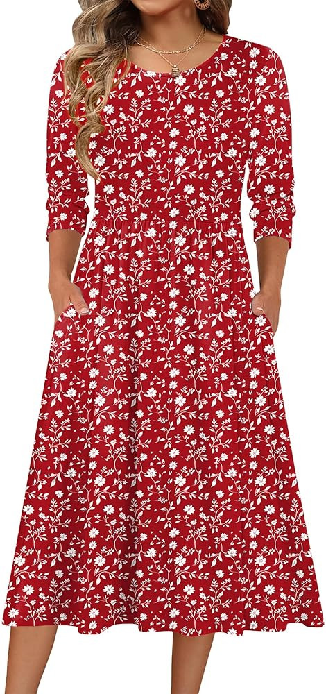 Zeagoo 3/4 Sleeve Women's Dress Casual Flowy A-Line Midi Tshirt Dresses with Pockets Crewneck Voc... | Amazon (US)