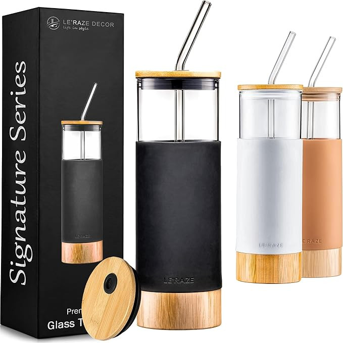 Premium 20oz Glass Water Bottle with Straw and Bamboo Lid & Base + Protective Silicone Sleeve - B... | Amazon (US)