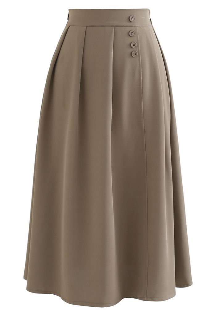 Four Buttons Decorated Pleated Skirt in Khaki | Chicwish
