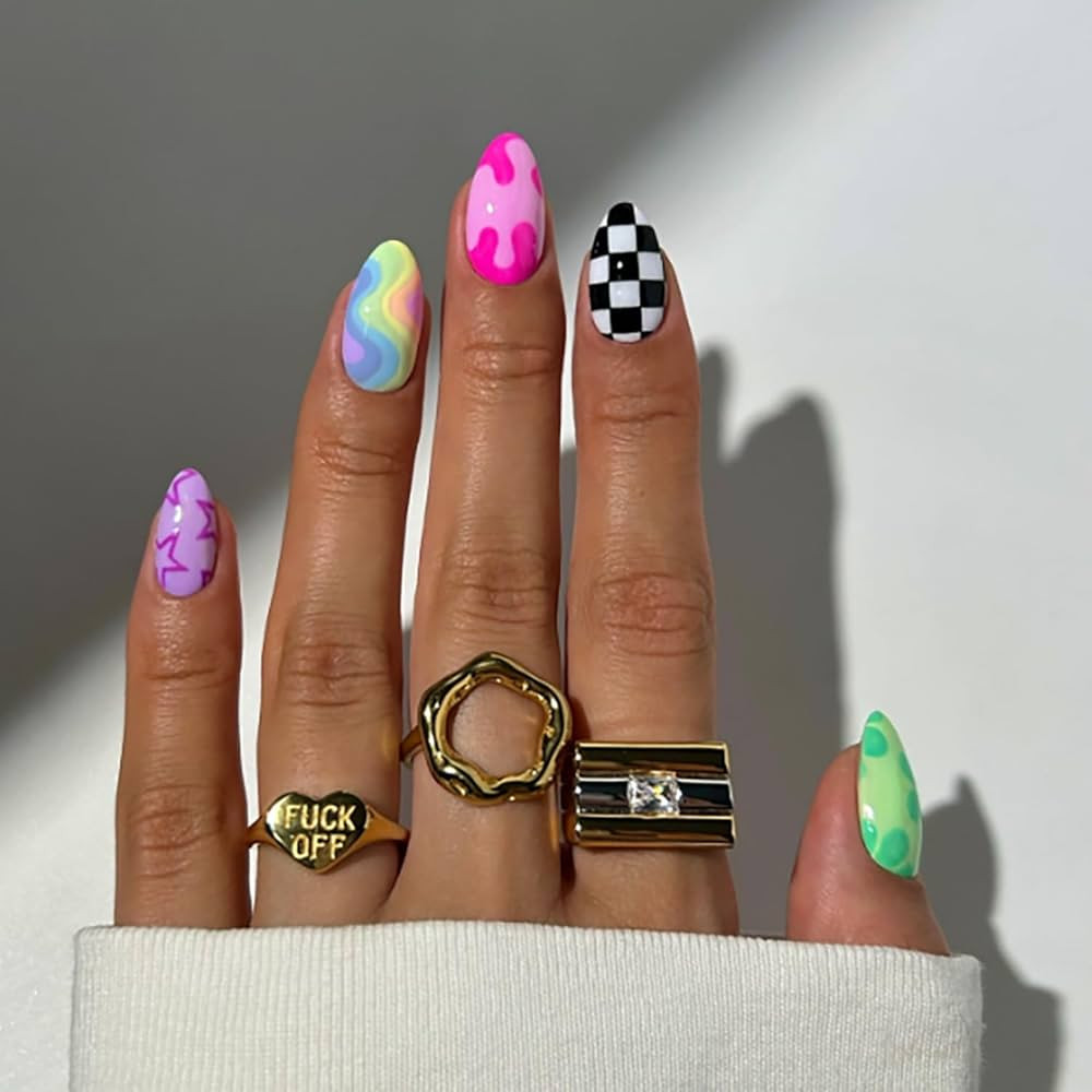 Medium Press on Nails Almond RIICFDD Colourful Fake Nails Acrylic False Nails with Line Plaid and... | Amazon (US)