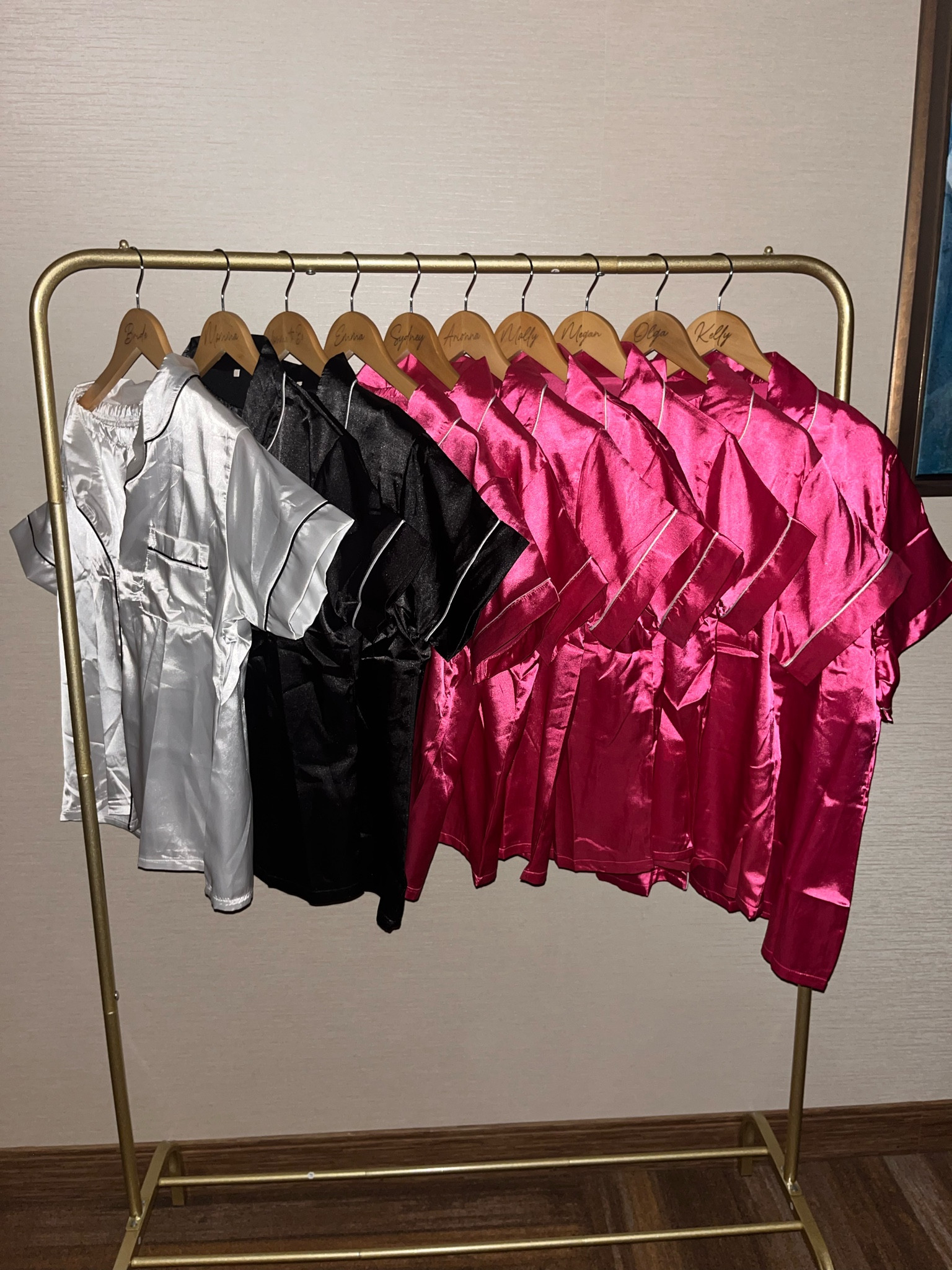 Bridal Bride Bridesmaids Satin Silk PJs day of getting ready hotel suite wedding plus gold garment rack 

#LTKWedding #LTKFindsUnder50 #LTKGiftGuide