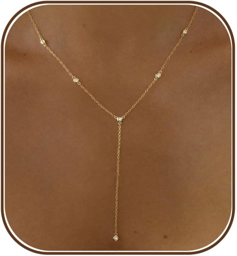 Gold Necklace for Women, Dainty Gold Long Necklaces 14k Gold Plated Prom Lariat Necklace Cute Cho... | Amazon (US)