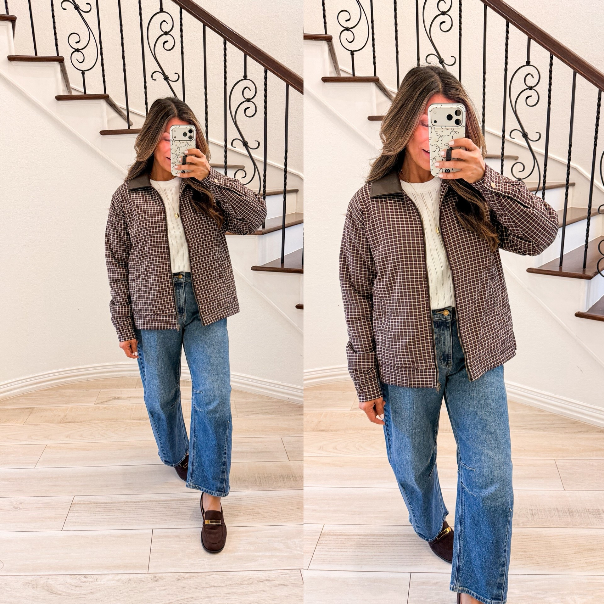 I’m 5’2” 118#ish for reference 
Shirt in size Small. 
Barrel jeans in size 2 tts! Love the fit.
Plaid jacket in small-I could use XS 
Shoes tts. 

Fall outfit, fall fashion for women over 50, over 50 style, midlife fashion, petite fashion,midlife women, affordable fashion, fashion over40