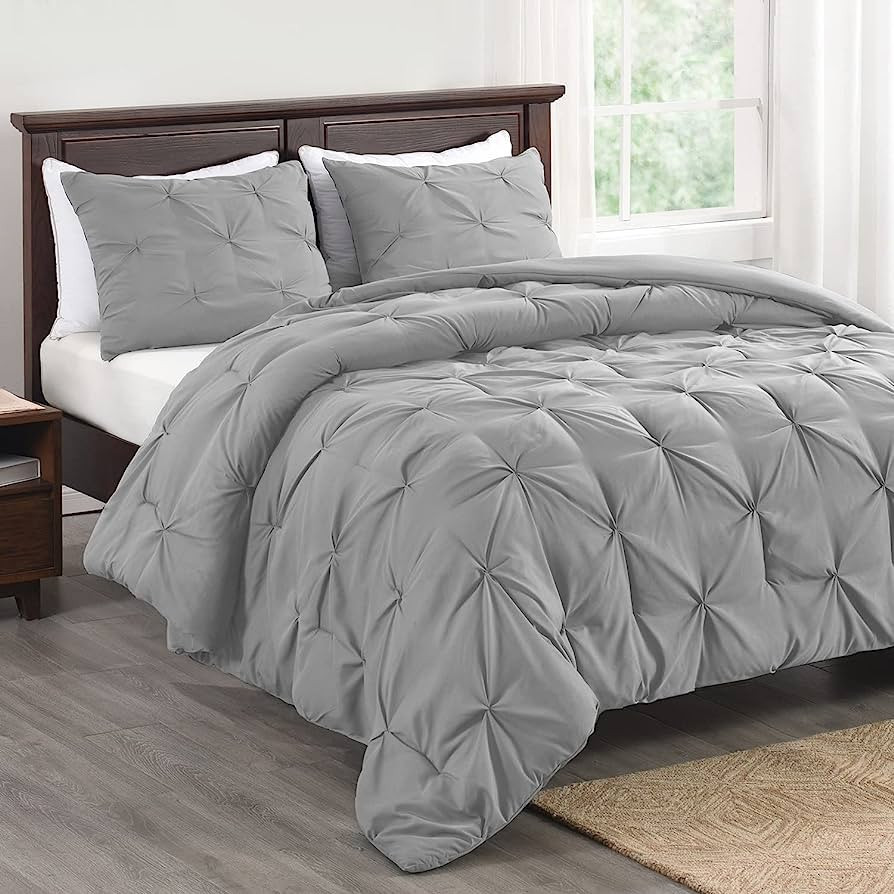 Basic Beyond Queen Comforter Set - Pinch Pleat Grey Bed Comforter Queen Set, Pintuck Queen Bed Co... | Amazon (US)