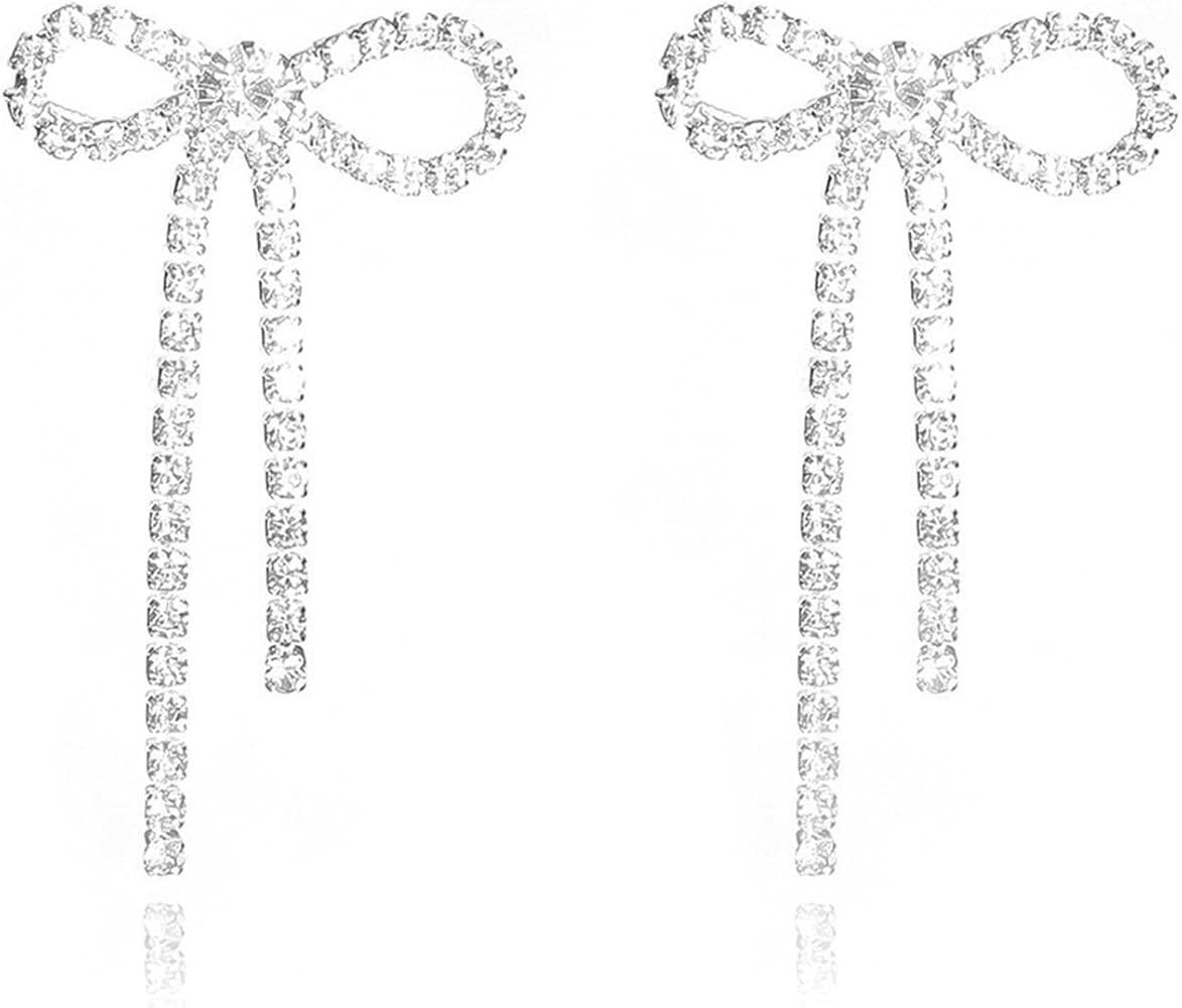 Bow Earrings for Women Trendy Sparkly Rhinestone Chain Tassel Earrings Cute Ribbon Stud Earring D... | Amazon (US)