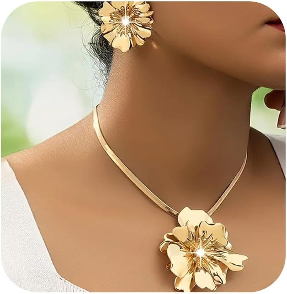 Gold Jewelry Sets for Women, Gold African Necklace and Earring Set Dainty Big Flower Statement Ea... | Amazon (US)