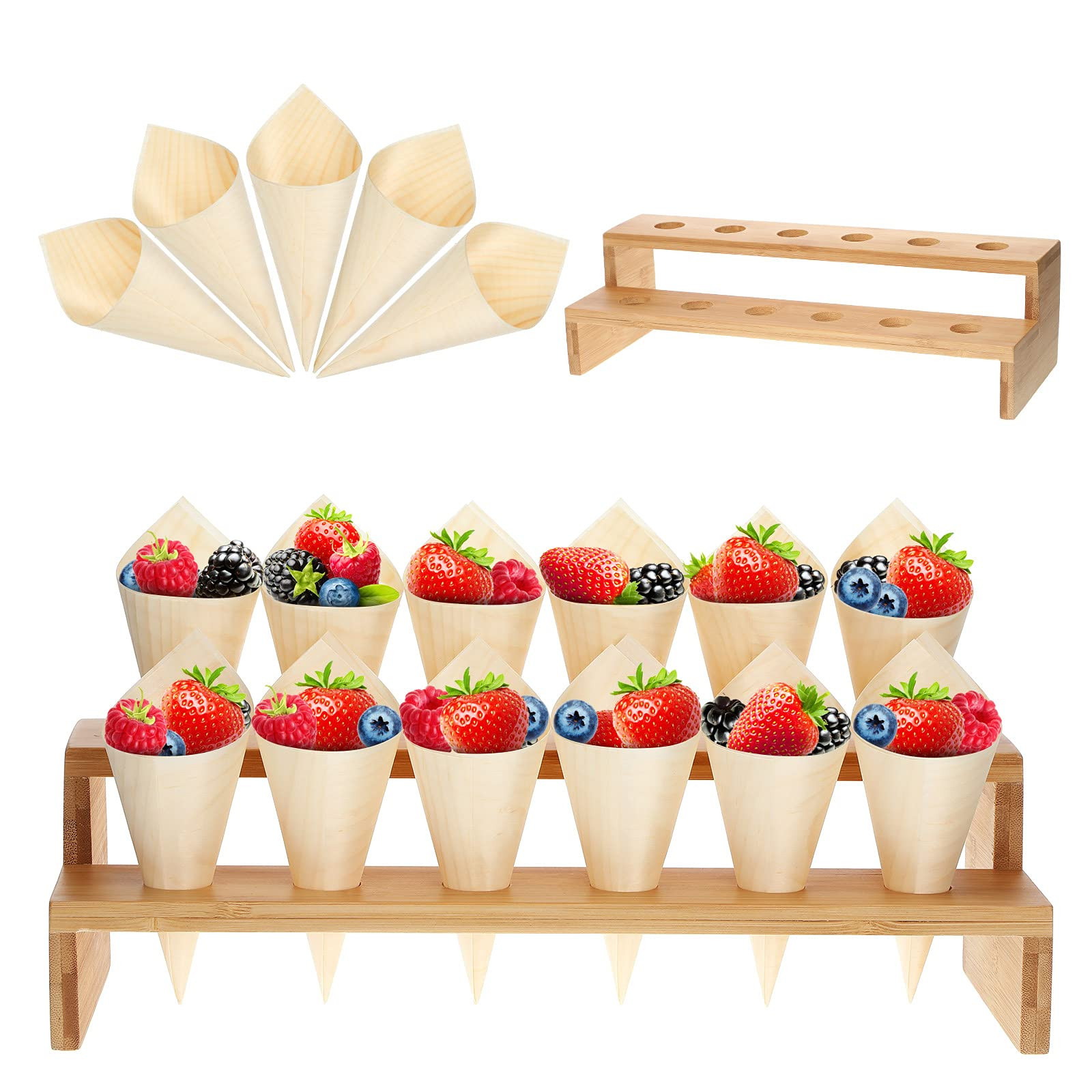 Queekay 100 Pcs Disposable Wooden Food Cones with 12 Holes Food Cone Display Stand Cone Holder fo... | Amazon (US)