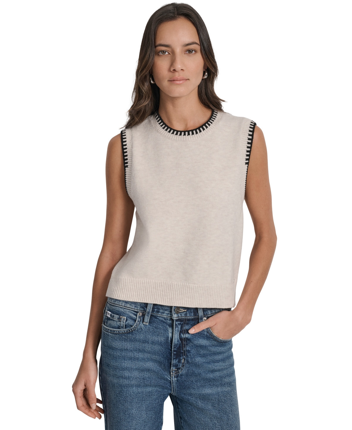 Dkny Jeans Women's Whipstitch Trim Crewneck Sleeveless Sweater - Cort Heather/Black | Macy's