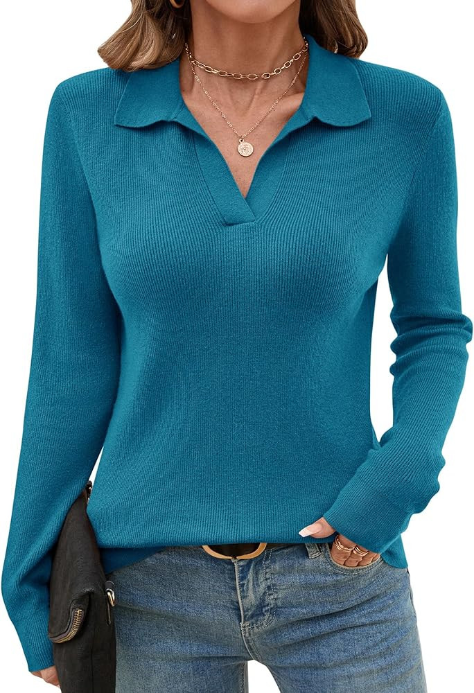 Romanstii Women's Knitted Collared Sweaters Long Sleeve V-Neck Polo Shirts Winter Pullover Tops | Amazon (US)