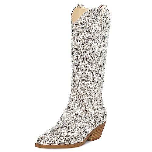 STALOV Rhinestone Boots for Women Sparkly Cowgirl Boots Western Cowboy Glitter Boots Pointed Toe Side Zipper Knee High Boots | Amazon (US)
