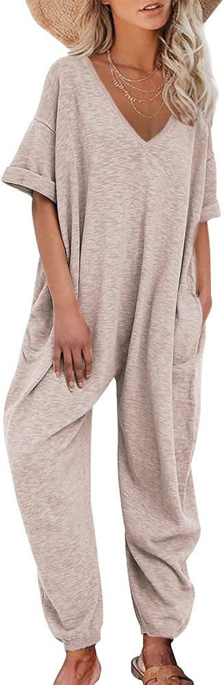 Nirovien Women's Solid Color V Neck Jumpsuits Half Sleeve Long Rompers Beam Foot Baggy Overalls P... | Amazon (US)