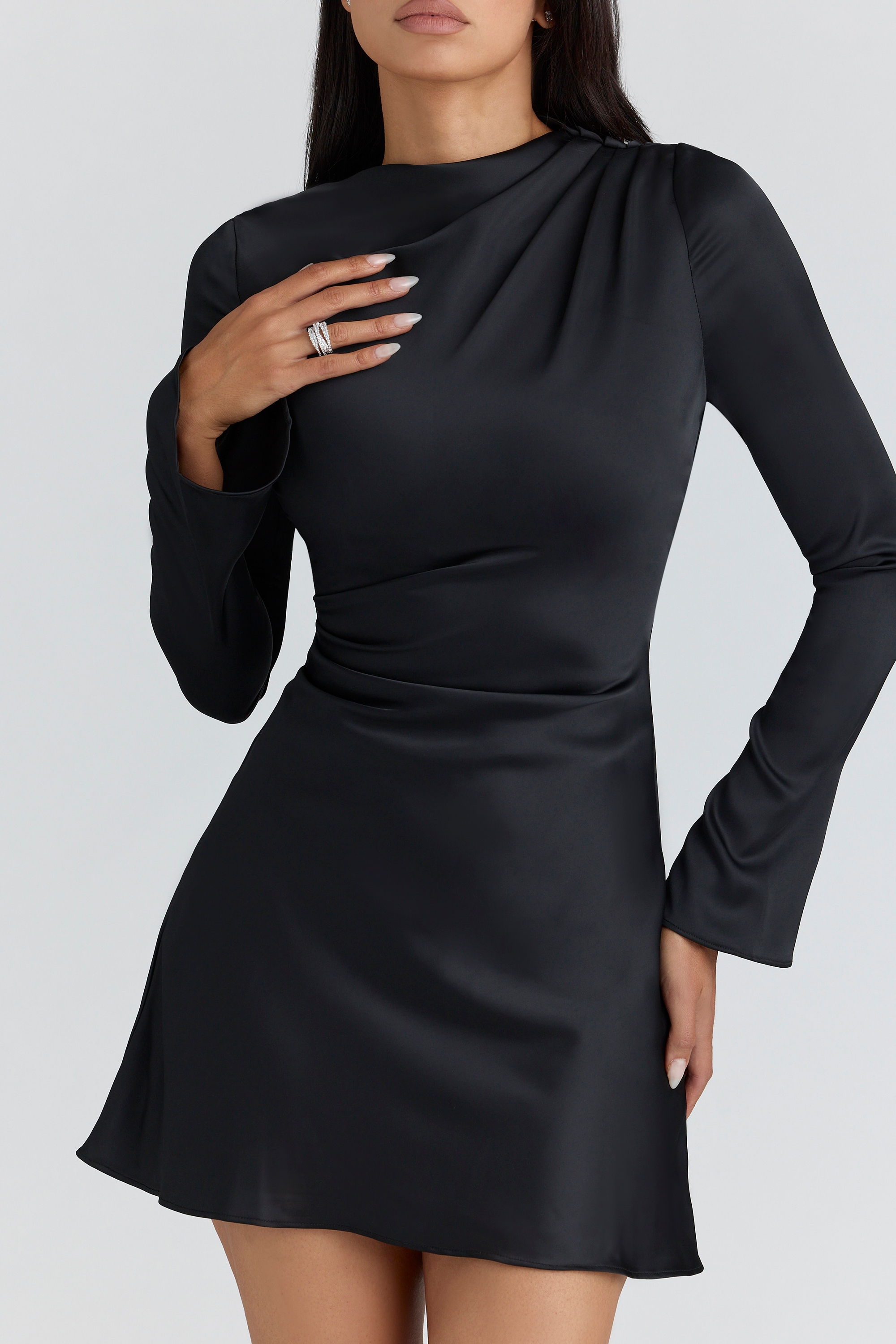 black satin long sleeve mini dress | House of CB