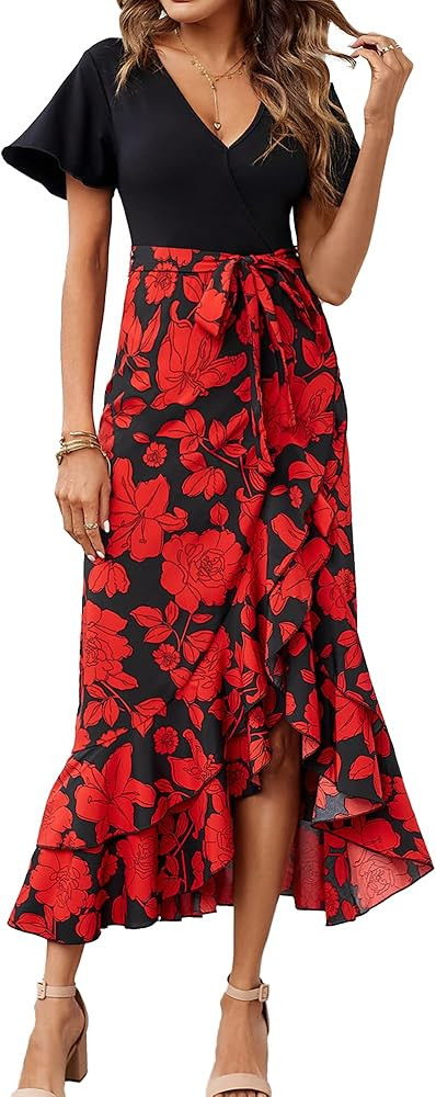 BTFBM Women Maxi Summer Dresses 2024 Short Sleeve V Neck Boho Floral Print Belted High Low Ruffle... | Amazon (US)
