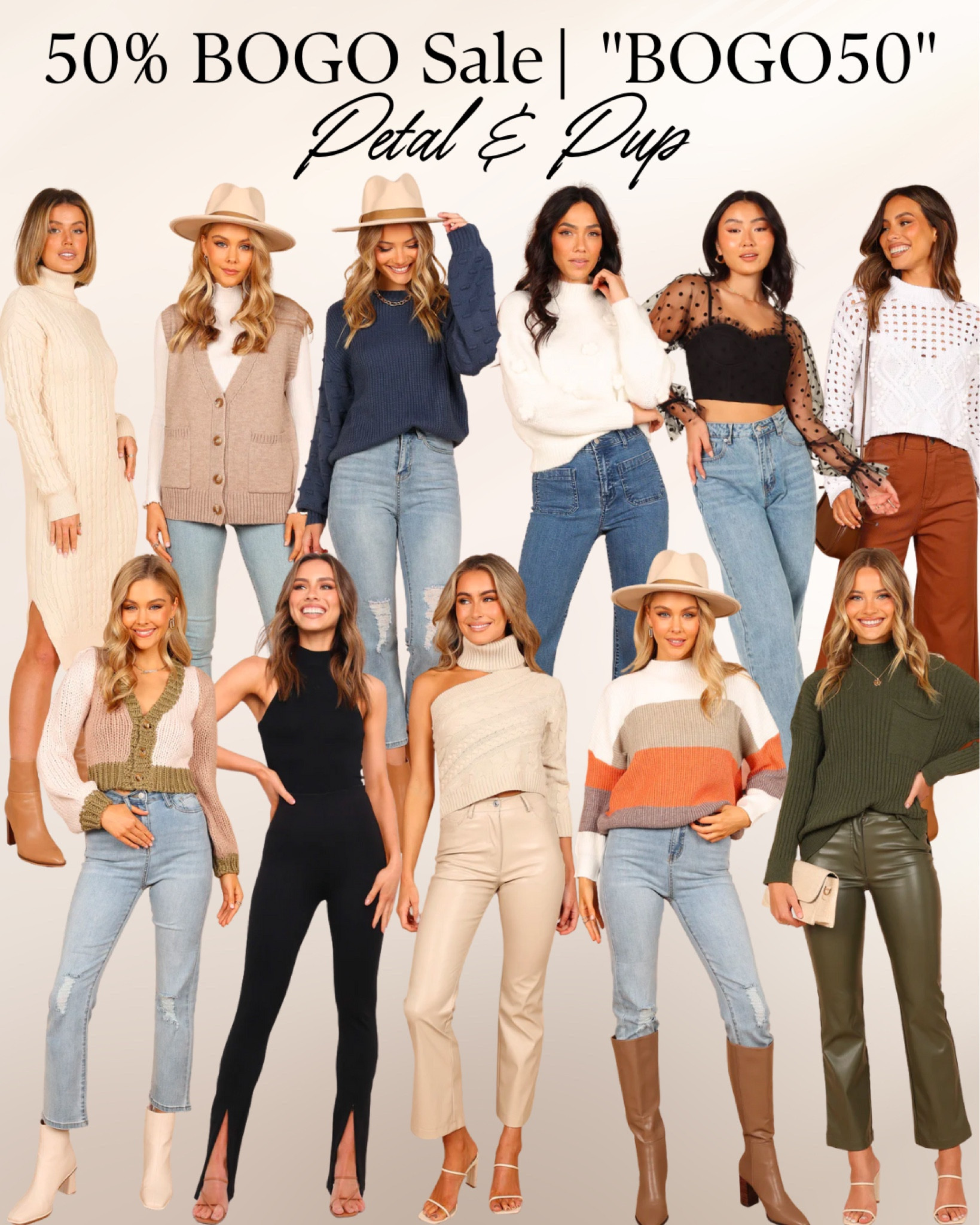 Check out this amazing Petal & Pup sale! Buy one, get one 50% off using the code “BOGO50” 🤍

Fall sweaters, sweater dress, tops, pants, fall outfits, denim, leather pants 

#LTKunder100 #LTKSeasonal #LTKsalealert