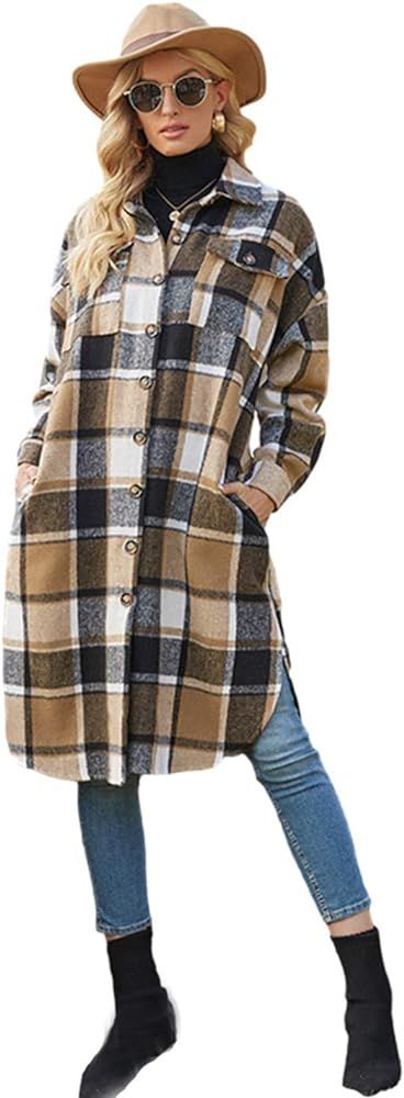 PUWEI Women's Casual Lapel Button Down Long Plaid Shirt Coat Tartan Shacket Jacket | Amazon (US)