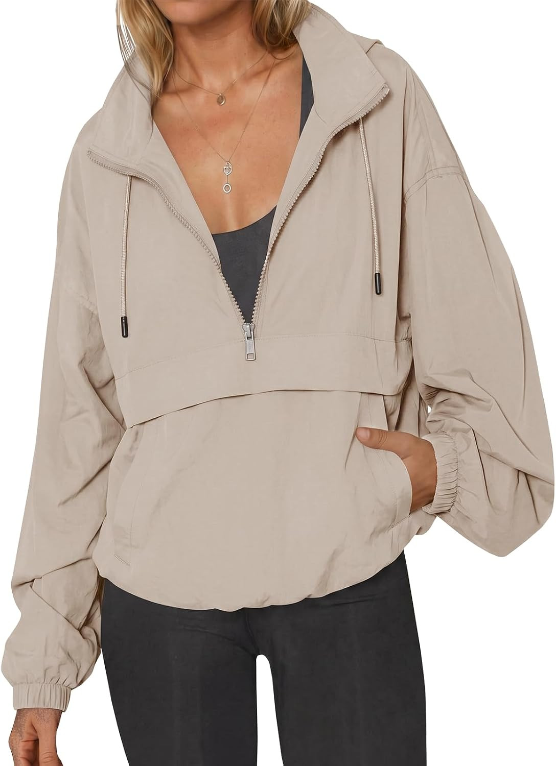 Fisoew Womens Windbreaker Lightweight Jackets Hooded Quarter Zip Pullover | Amazon (US)