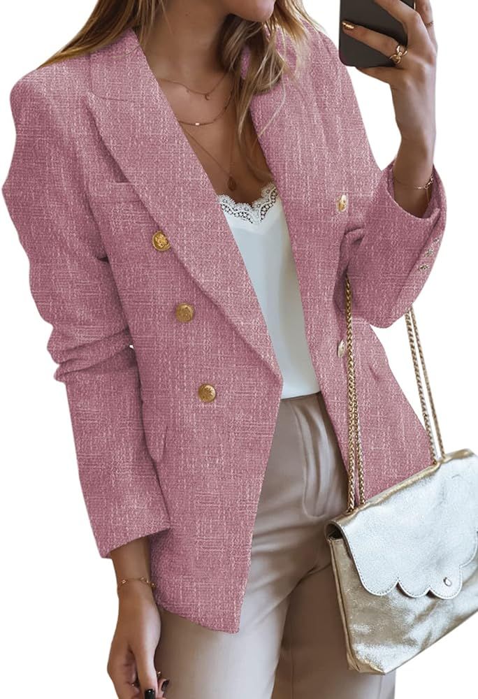 Happy Sailed Womens Double Breasted Tweed Blazers Casual Long Sleeve Open Front Blazer Jackets Work  | Amazon (US)