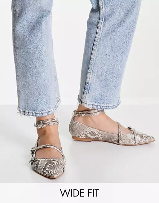 ASOS DESIGN Wide Fit Ludo strappy patternwork pointed ballet flats in snake | ASOS (Global)