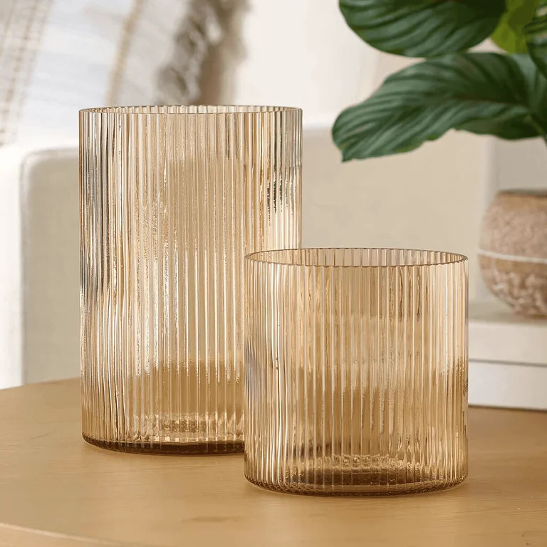 Better Homes & Gardens 5" Amber Glass Ribbed Candle Holder Hurricane, Medium | Walmart (US)