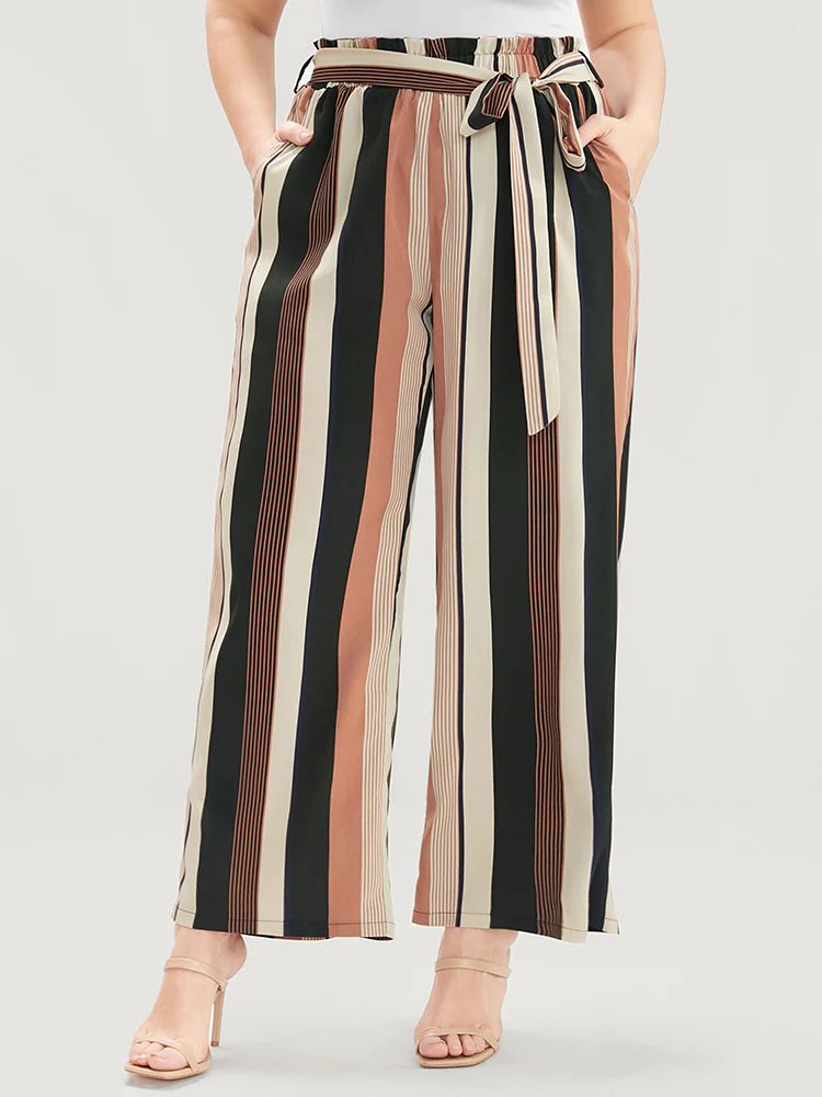 Striped Contrast Pocket Paperbag Waist Belted Pants | Bloomchic