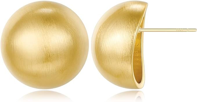 HESSAWELL Stud Earrings for Women Half-ball Mattle Gold Sliver Studs 14K Brushed Button Earrings ... | Amazon (US)