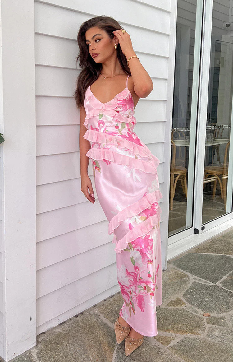 Inara Pink Floral Print Ruffle Maxi Dress | Beginning Boutique (US)