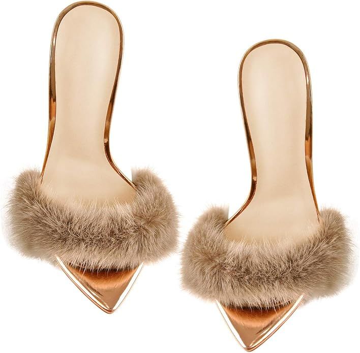 Richealnana Women's Fur Fluffy Mules High Heels | Amazon (US)