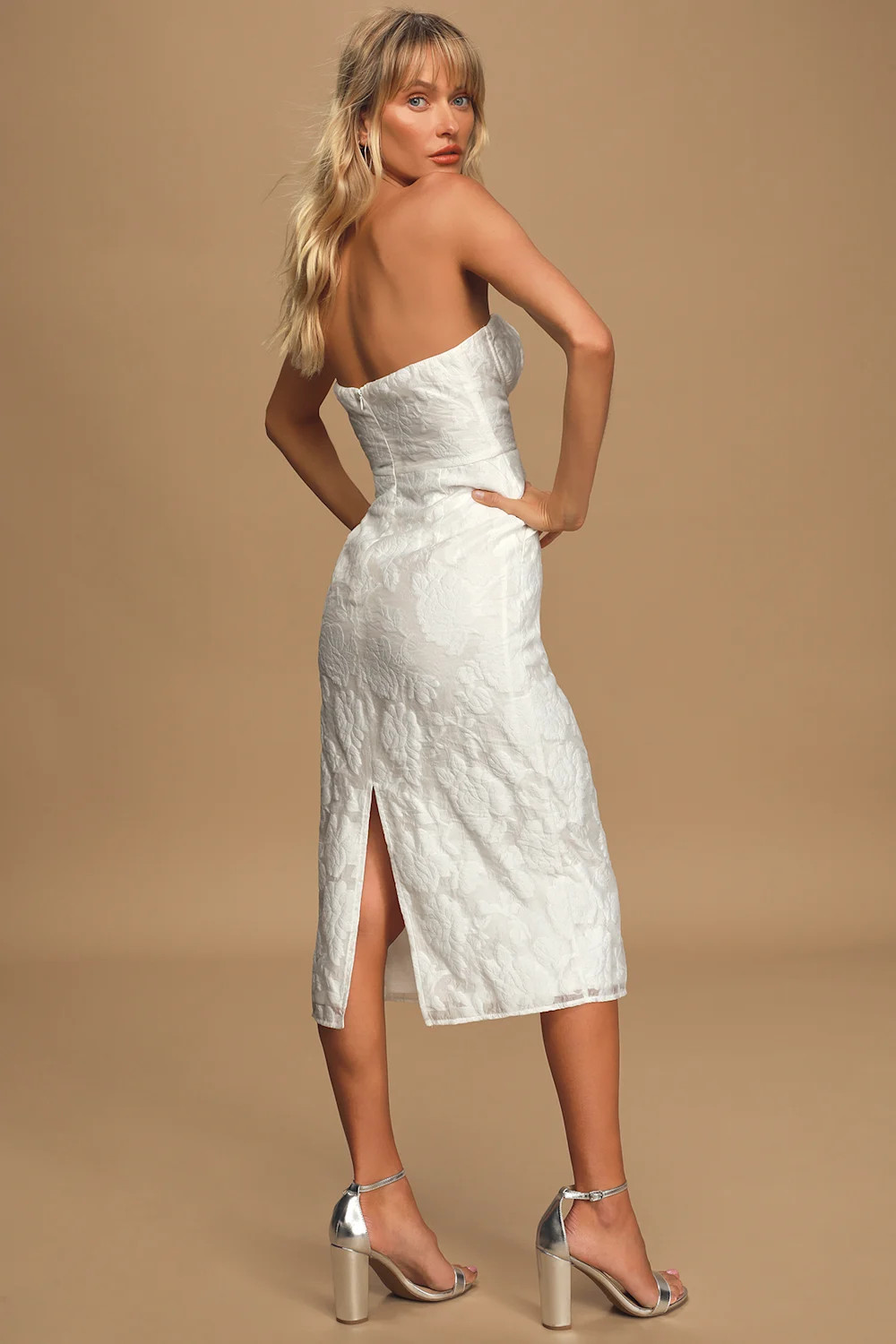 From this Day White Floral Jacquard Strapless Midi Dress | Lulus