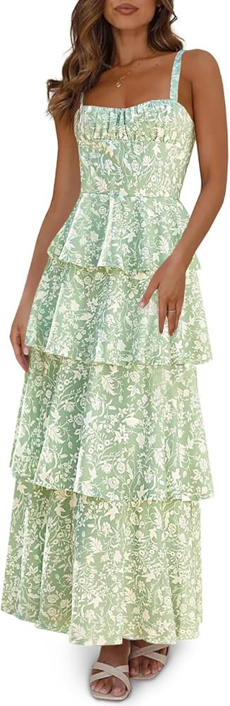 Fisoew Womens Floral Maxi Dresses Spaghetti Strap Casual Sleeveless Ruffle Flowy Tiered Dress | Amazon (US)