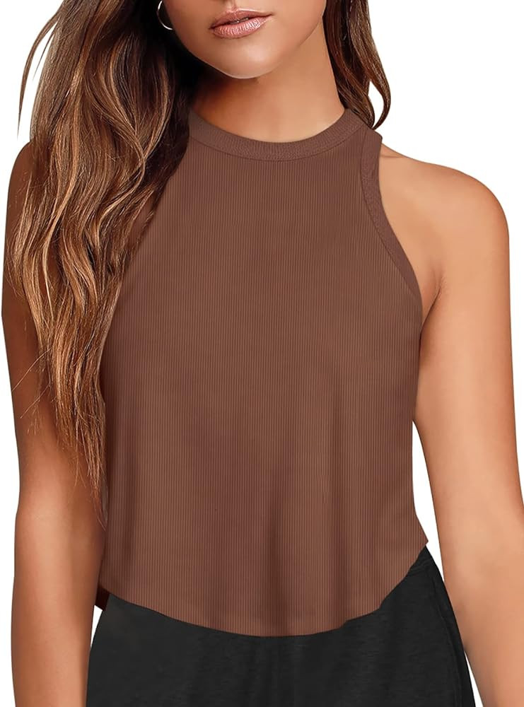 LASLULU Womens Crop Tops Sleeveless Workout Tops Halter Neck Flowy Athletic Shirts Cropped Tank M... | Amazon (US)