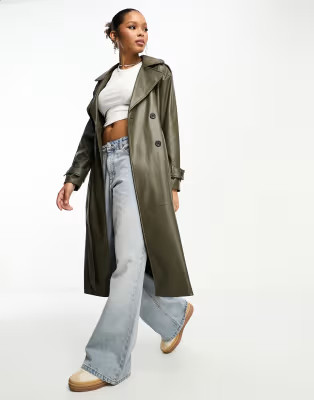 Pull&Bear belted faux leather trench coat in khaki | ASOS (Global)