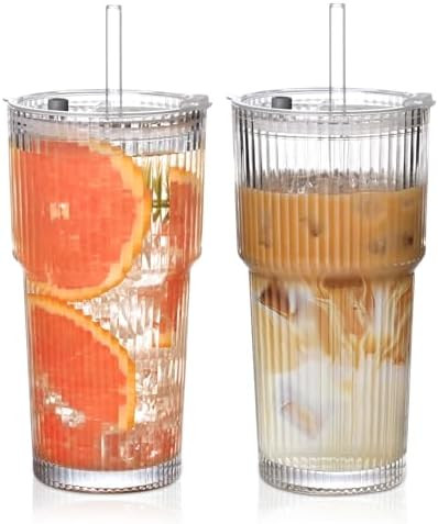 20oz Ribbed Glass Cups with Lids and Straws,2PCS Glass Tumbler with Straw and Lid,Iced Coffee Cup... | Amazon (US)