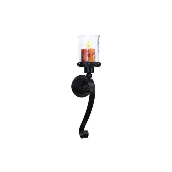 Copper Grove Chatfield Black Wrought Iron 20-inch Wall Mount Sconce with Textured Glass Hurricane Candle Holder | Bed Bath & Beyond