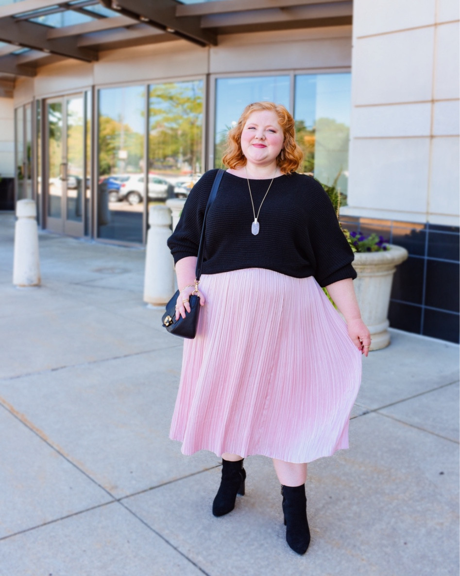 A fall/winter outfit formula that never seems to go out of style for me.💗🖤Solid pullover sweaters and pleated skirts are two styles I never hesitate to add to my closet when I find styles I like because I know I can pair them in endless combinations. This pink plisse skirt is a new addition to my wardrobe. The silky-shiny fabric is on-trend for fall and looks luxe against a chunky knit sweater. Pair with boots, a pendant necklace, and a shoulder bag, and you’re good to go! Is this an outfit formula you reach for? Or one you’d be willing to try this fall? #plussizestyle #fallstyle 



#LTKitbag #LTKplussize #LTKSeasonal