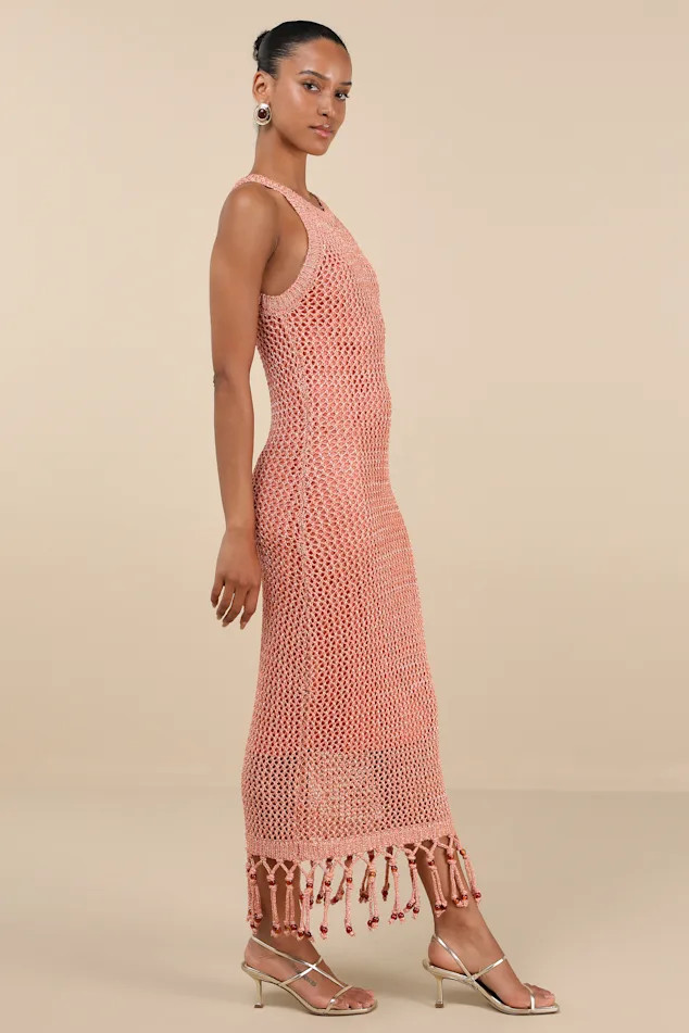 Marama Shiny Coral Crochet Sleeveless Fringe Midi Dress | Lulus
