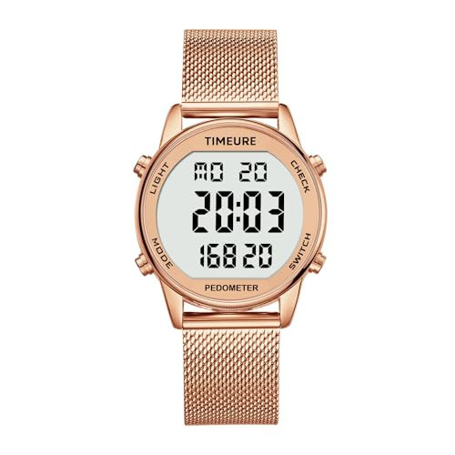 TIMEURE Women's Step Counter Pedometer Watch with Stainless Steel Bracelet, Stylish Design, No App, No Charging Needed for Step, Calorie, Distance Tracking, Alarm, Countdown Timer, TU-2401 (Rose Gold) | Amazon (US)