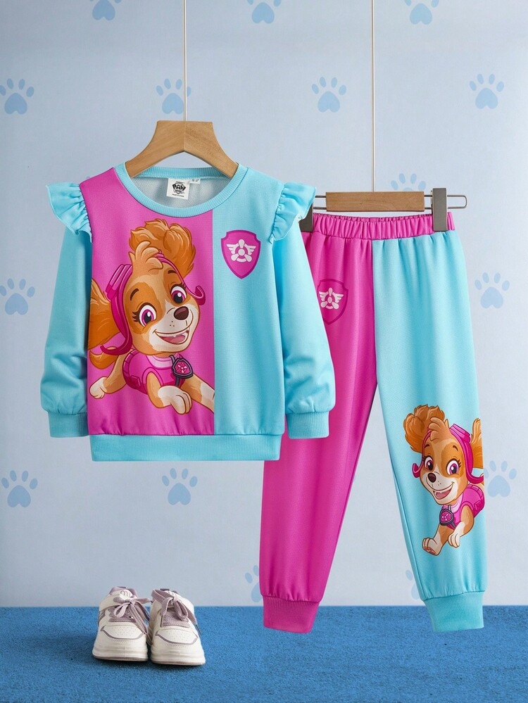 SHEIN | PAW Patrol 2pcs/Set Young Girl Dog Print Crew Neck Long Sleeve Sweatshirt And Contrast Co... | SHEIN