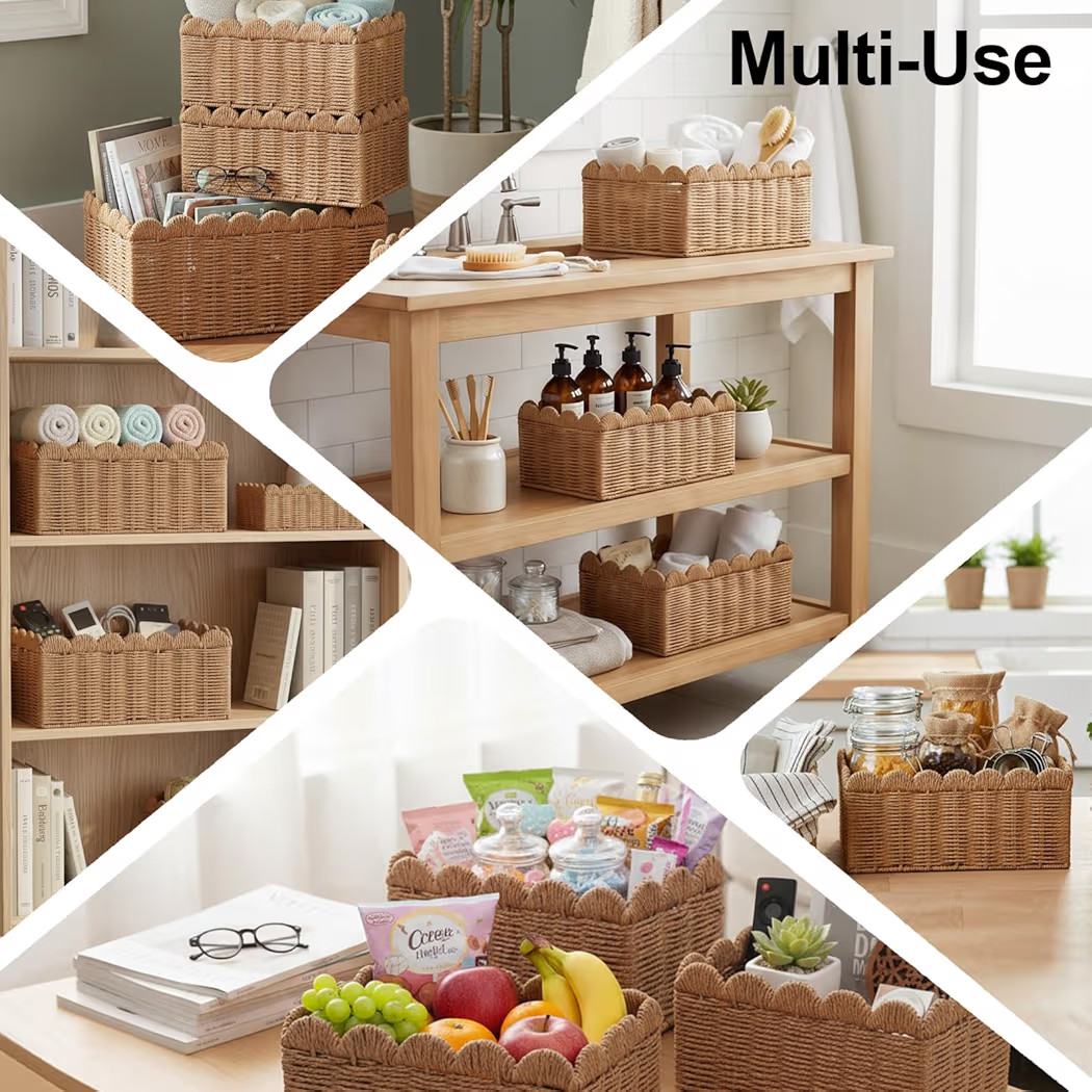 3 Pcs Wicker Baskets for Organizing,Scalloped Baskets, Hand-woven Wicker Storage Cubes, Paper Rop... | Amazon (US)