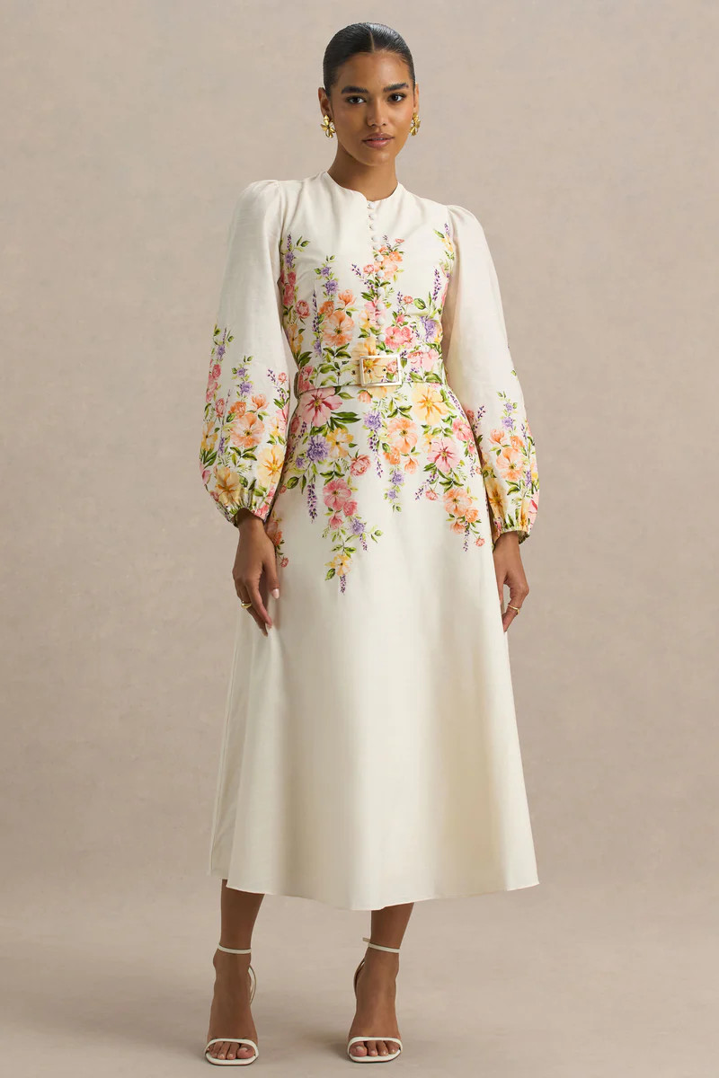 Dahlia | White Floral Border Print High-Neck Midi Dress | Club L London
