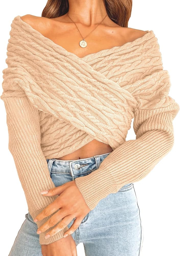 BTFBM Women Casual V Neck Long Sleeve Sweaters Cross Wrap Front Off Shoulder Asymmetric Hem Knitt... | Amazon (US)
