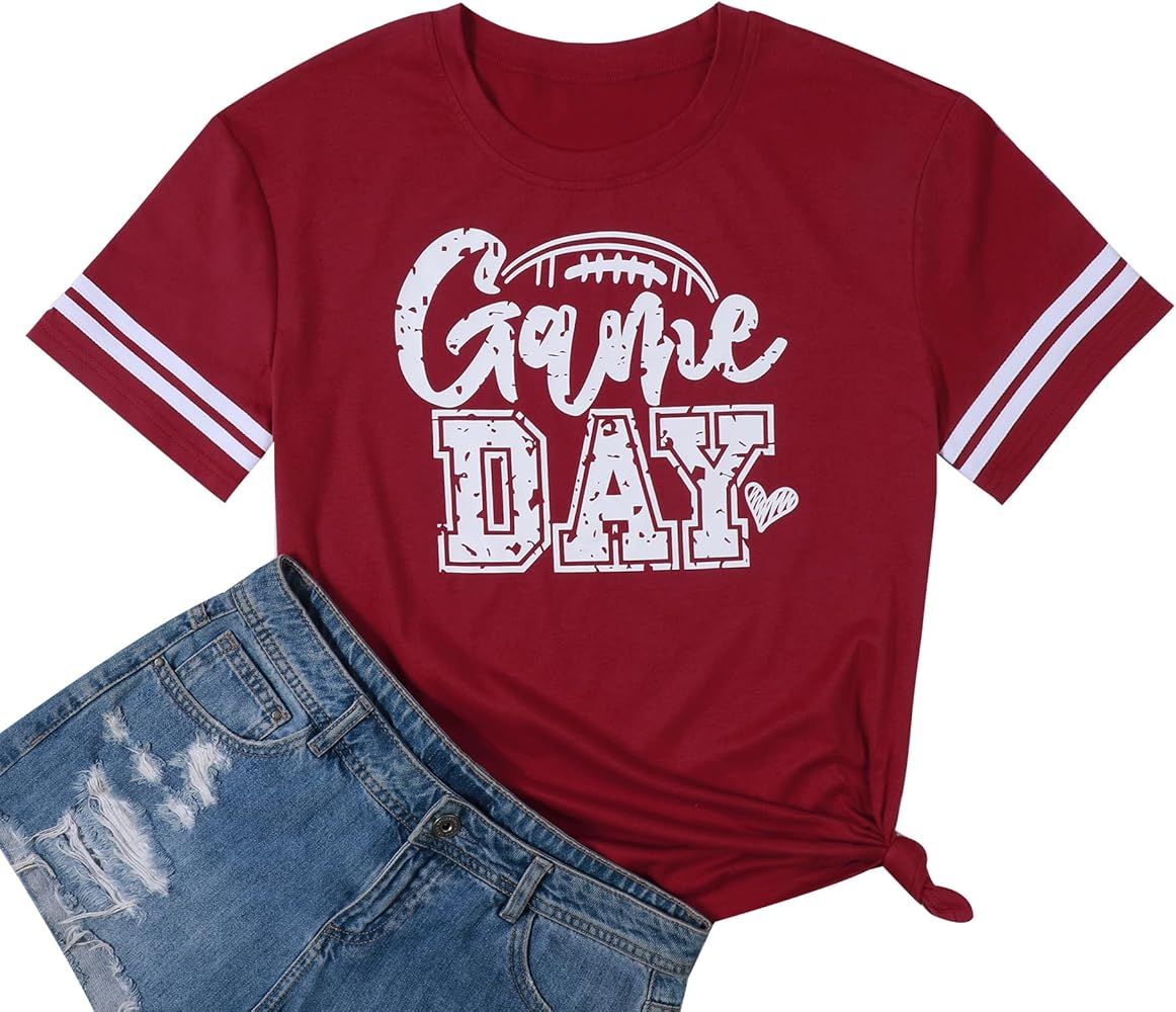 Game Day Football T Shirts Women Cute Football Graphic Tee Tops Funny Sunday Casual Short Sleeve ... | Amazon (US)